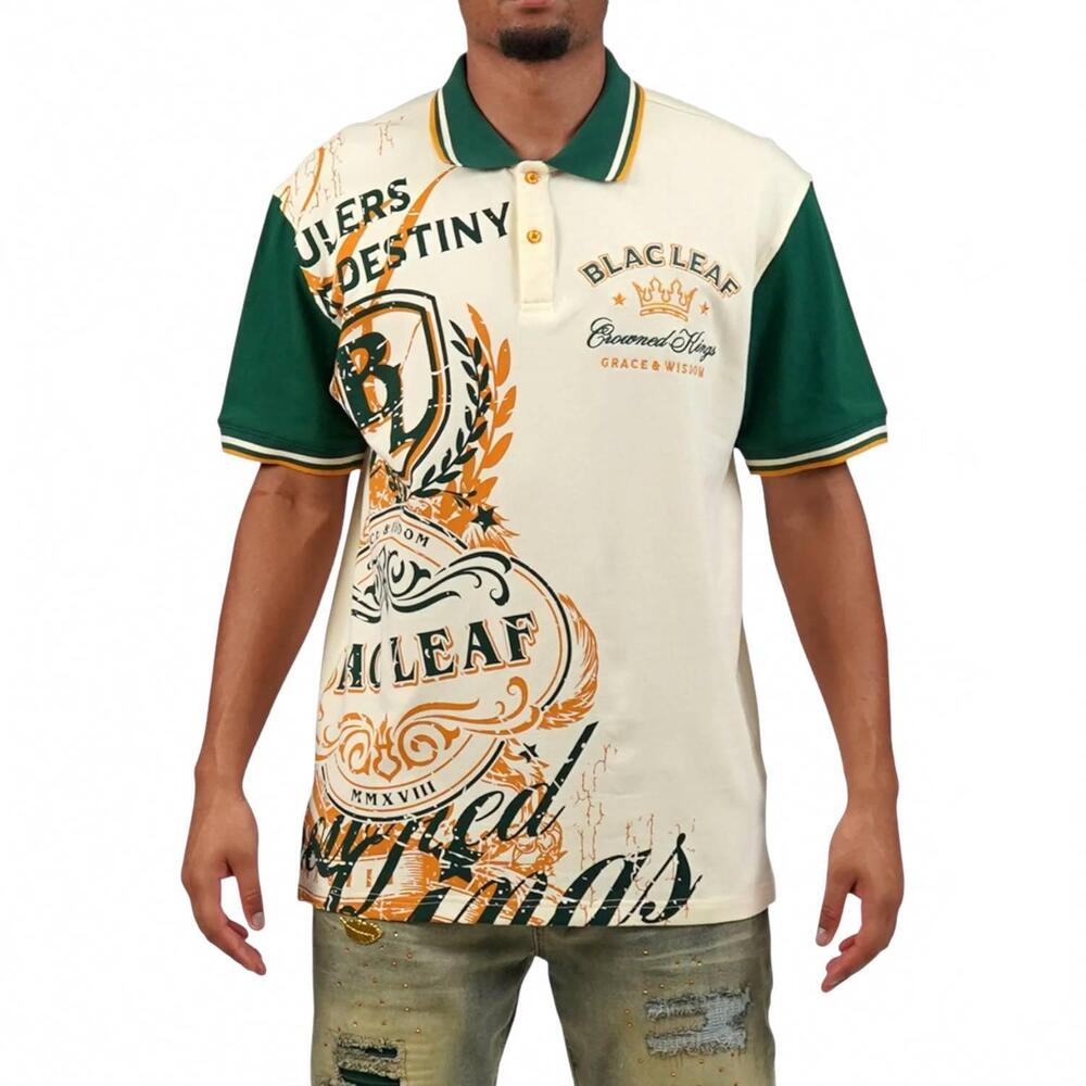 NEW BLAC LEAF grace & wisdom polo shirt in green/ cream